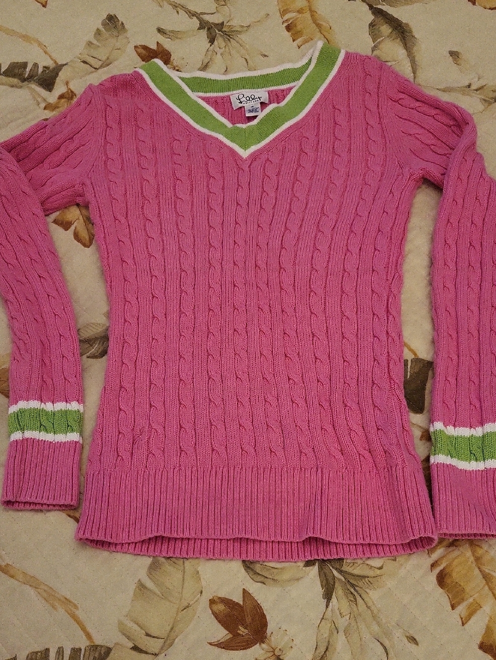 Lilly Pulitzer Pink Cable-Knit V-Neck Sweater with Green & White Trim